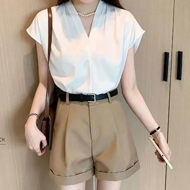 French Summer Acetate Satin High grade Short sleeved Shirt White - Shop at LoveMi