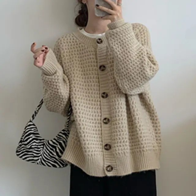 Pineapple Pattern Loose Single breasted Sweater Coat For Women Apricot - Shop at LoveMi