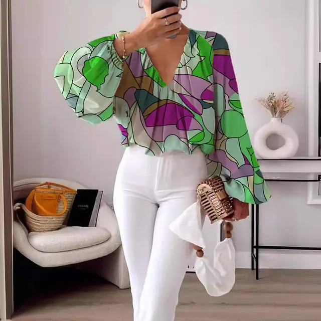 Women's Loose Fashion Printing V neck Long Sleeve Shirt Green Block - Shop at LoveMi