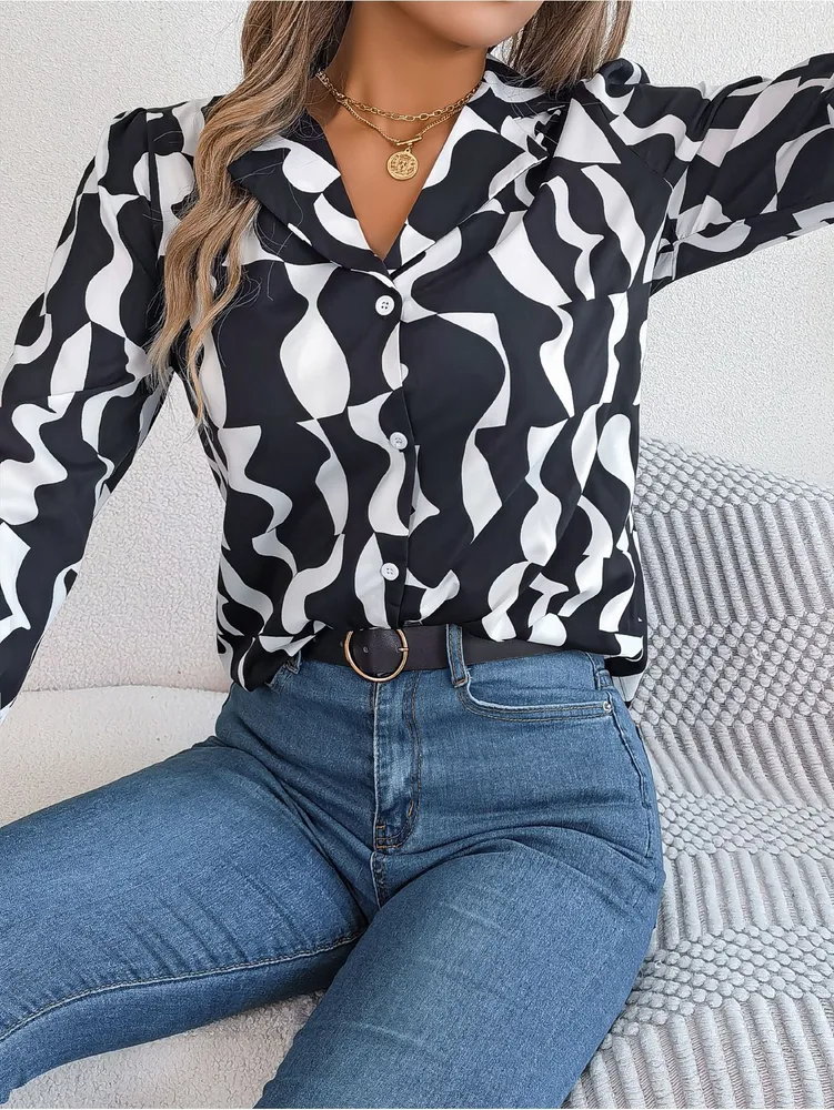 Commuting Elegant Contrast Color Striped Suit Collar Long Sleeve Shirt Black And White - Shop at LoveMi