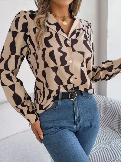 Commuting Elegant Contrast Color Striped Suit Collar Long Sleeve Shirt Khaki - Shop at LoveMi