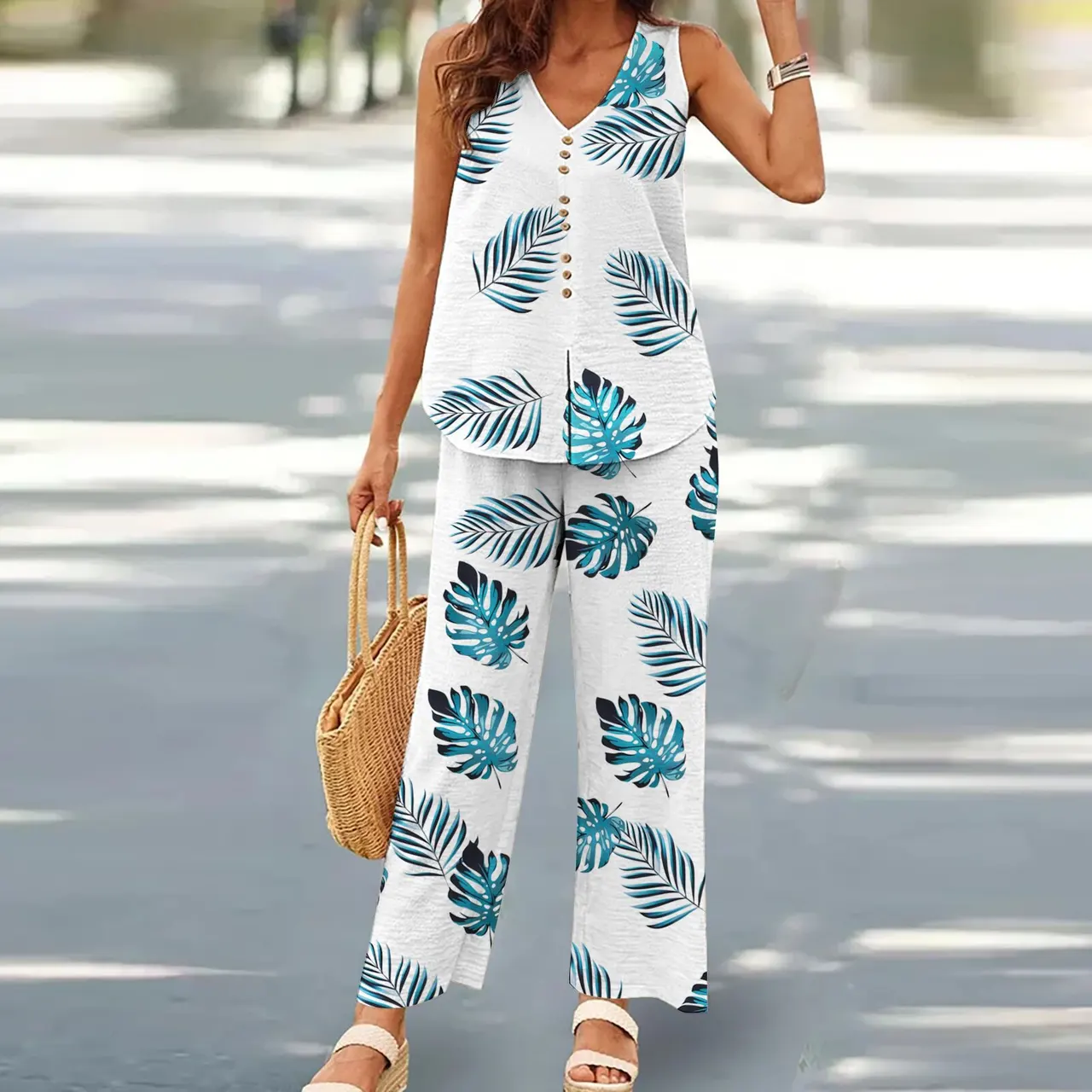 Women's Casual Solid Color Printing Vest Wide Leg Pants Suit - Style10