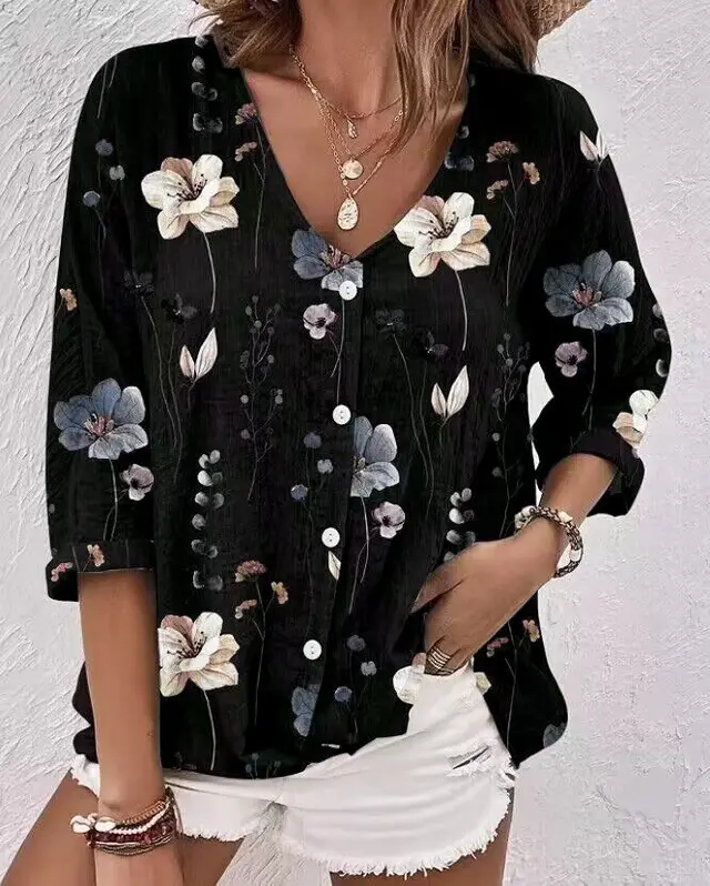 Women's V neck Button Chiffon Printed Cardigan Long Sleeved Shirt Black - Shop at LoveMi