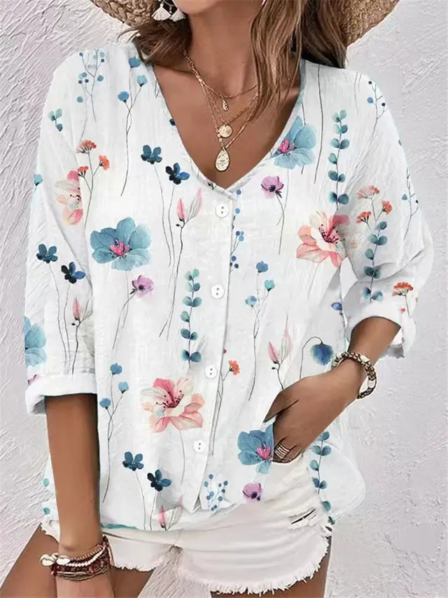 Women's V neck Button Chiffon Printed Cardigan Long Sleeved Shirt Blue - Shop at LoveMi