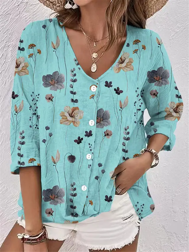 Women's V neck Button Chiffon Printed Cardigan Long Sleeved Shirt Cyan - Shop at LoveMi