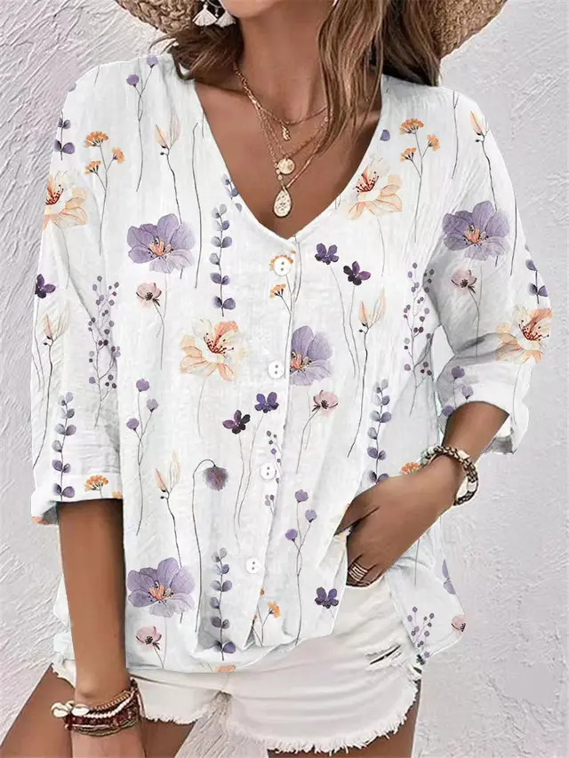 Women's V neck Button Chiffon Printed Cardigan Long Sleeved Shirt Purple - Shop at LoveMi