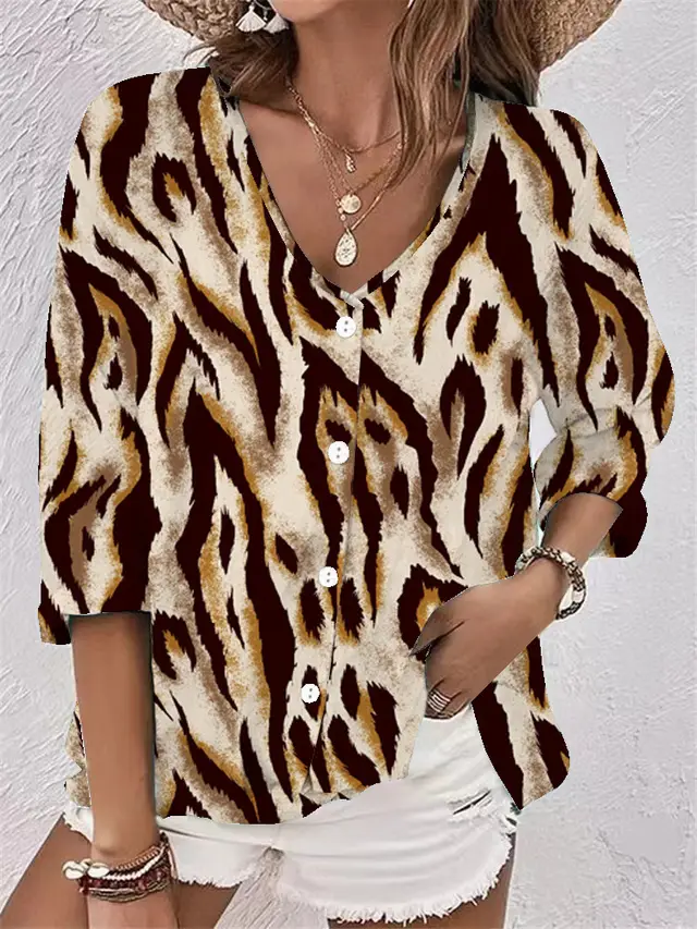 Women's V neck Button Chiffon Printed Cardigan Long Sleeved Shirt Zebra Stripes - Shop at LoveMi
