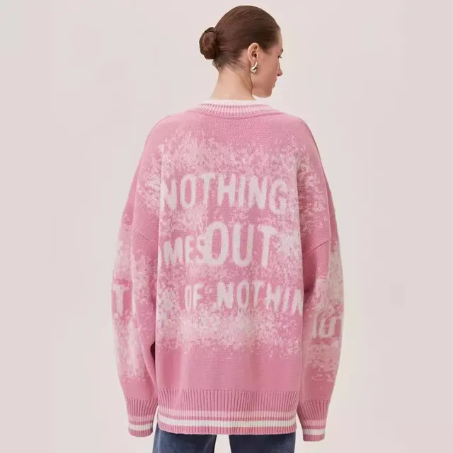 Women's Letter Contrast Color V neck Loose Woolen Top Pink C487 - Shop at LoveMi