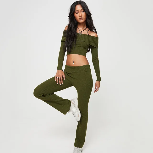 Off shoulder Flower High Waist Knit Suit Green - Shop at LoveMi