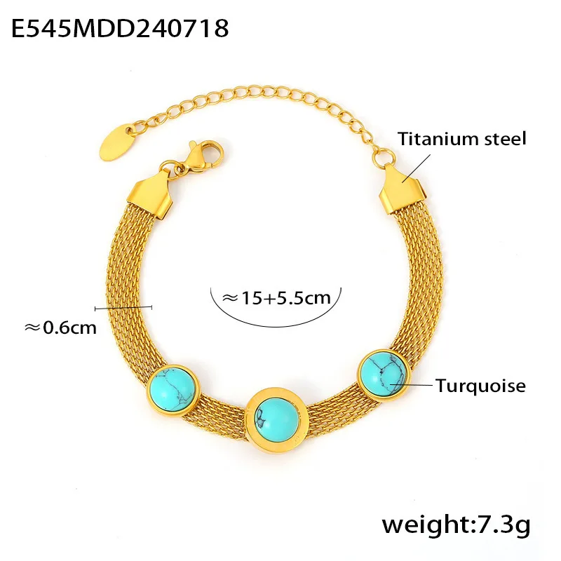 European And American Style New Wide Surface Mesh Round Brand Turquoise Bracelet Retro Personality Design Titanium Steel Plated 18K Gold Accessorie... E545 Gold Bracelet - Shop at LoveMi