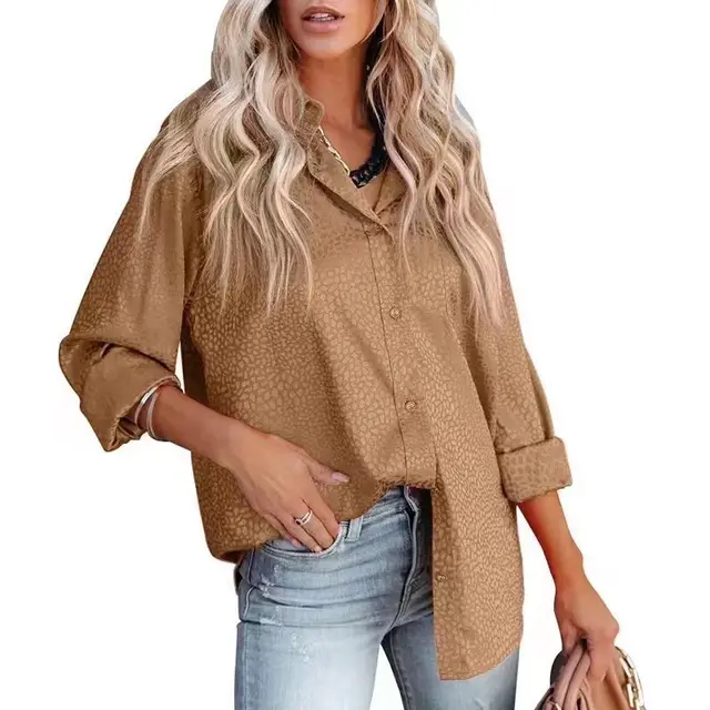 Women's Lapel Open Button Leopard Jacquard Shirt Camel - Shop at LoveMi