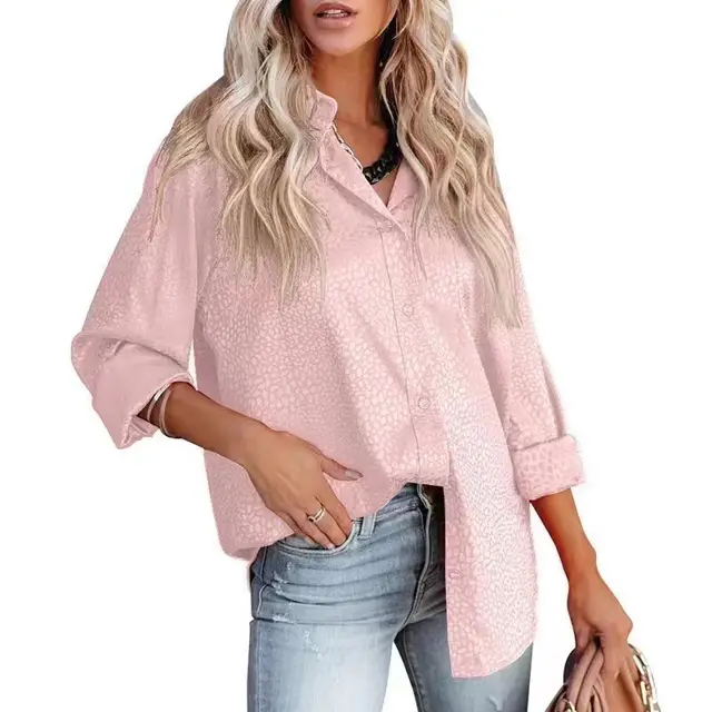 Women's Lapel Open Button Leopard Jacquard Shirt Lotus Root Color - Shop at LoveMi