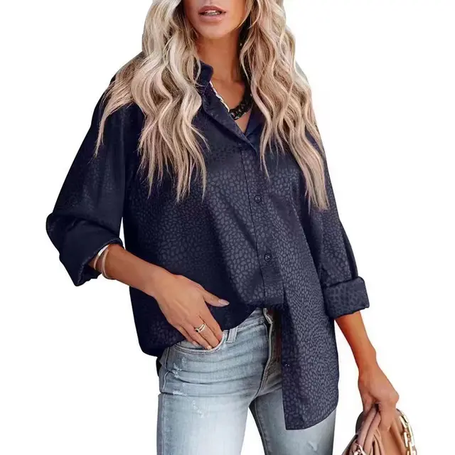 Women's Lapel Open Button Leopard Jacquard Shirt Navy Blue - Shop at LoveMi