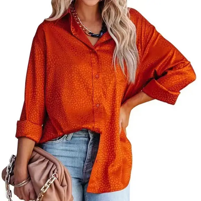 Women's Lapel Open Button Leopard Jacquard Shirt Orange Red - Shop at LoveMi