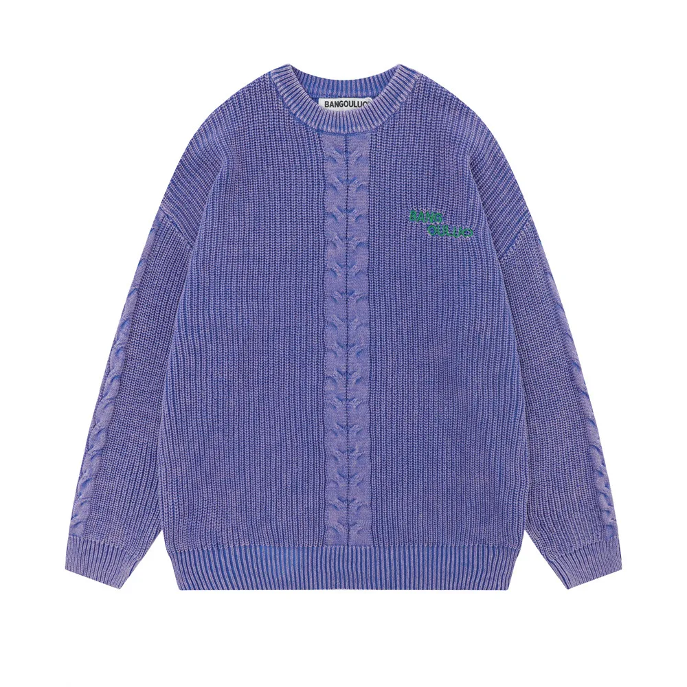 Washed And Worn Twist Weave Round Neck Sweater Violet Color - Shop at LoveMi