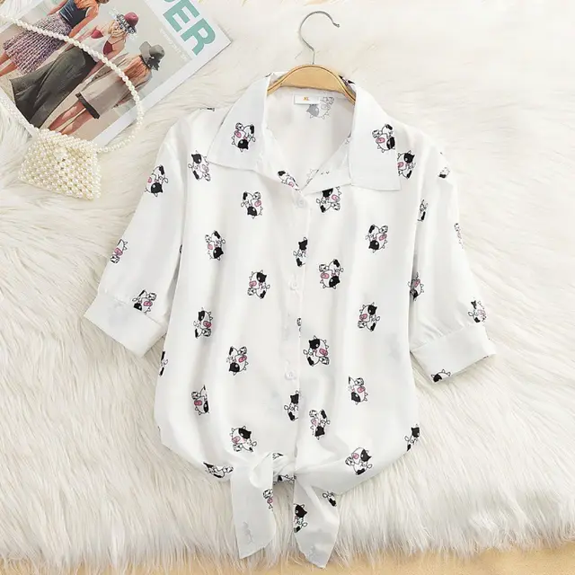 Striped Thin Shirt Women's Bow Outer Tops White Printed Cattle - Shop at LoveMi