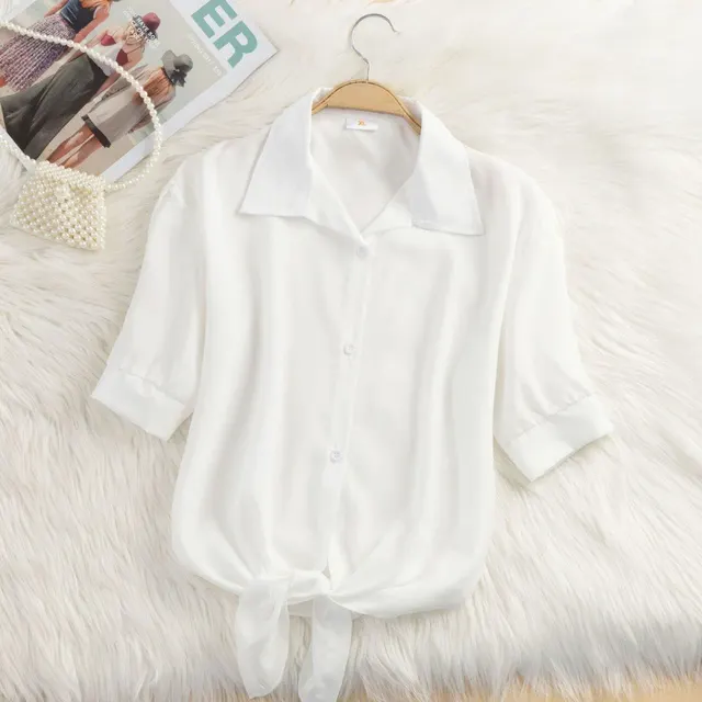 Striped Thin Shirt Women's Bow Outer Tops White Solid Color - Shop at LoveMi