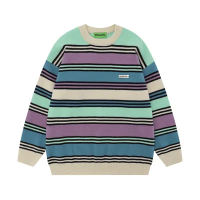 Contrasting Color Striped Loose Round Neck Sweater Apricot - Shop at LoveMi