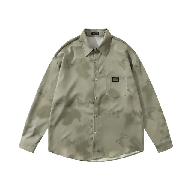 Butterfly Full Print Tie dye Design Niche Loose Long Sleeve Shirt Green - Shop at LoveMi