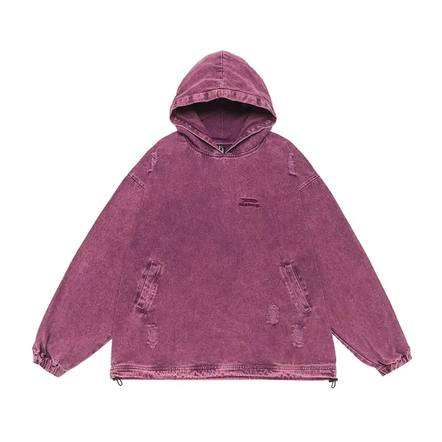 Punk Waste Soil Washed And Worn Worn Hooded Pullover Denim Hoodie Purple - Shop at LoveMi