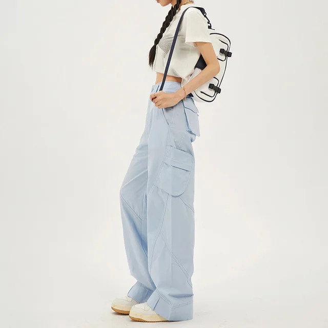 American Style Gorpcore Retro Loose Wide leg Casual Pants Women Blue Trousers - Shop at LoveMi