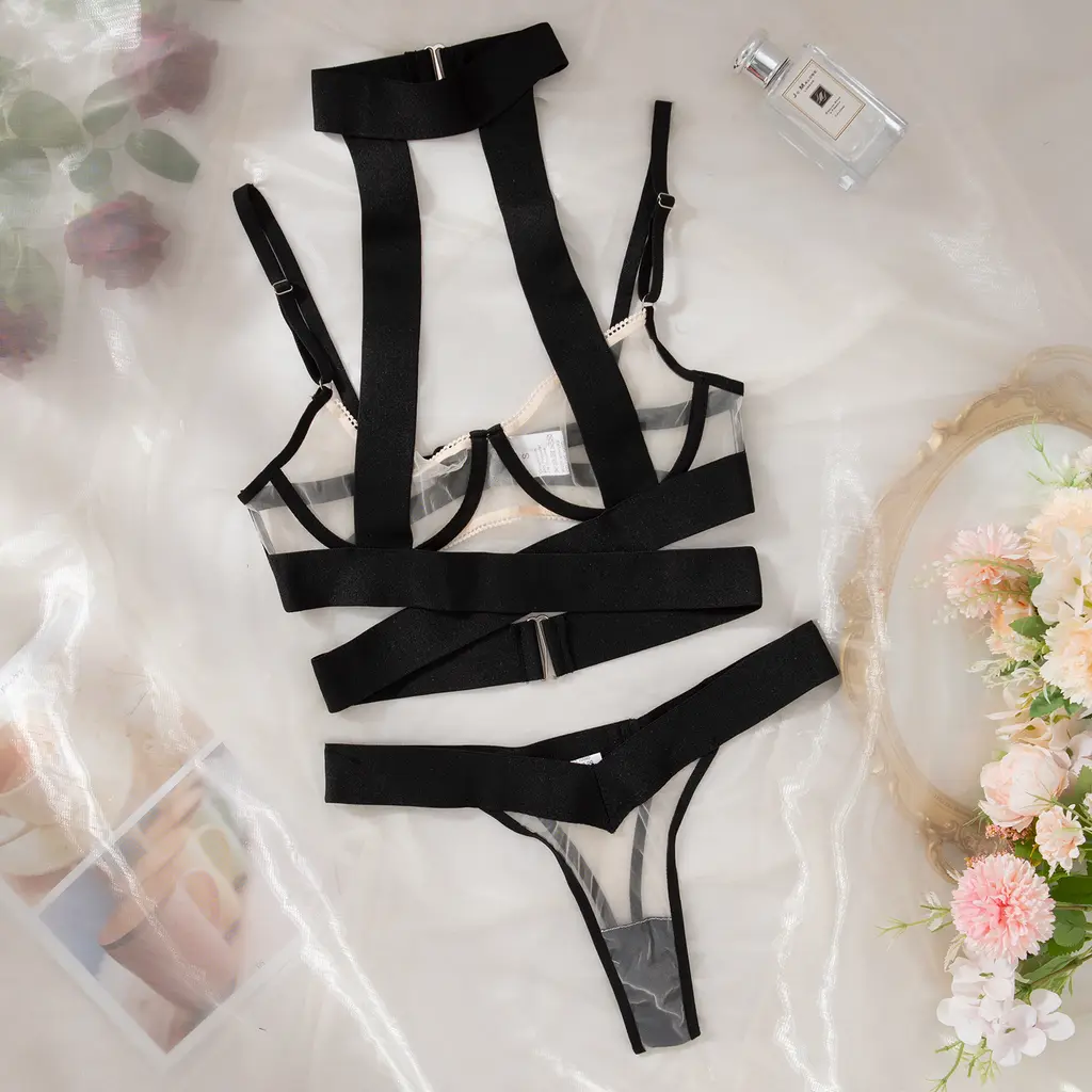 Lace Strap Halter Steel Ring Gathering Bra European And American Style Underwear Suit - Black