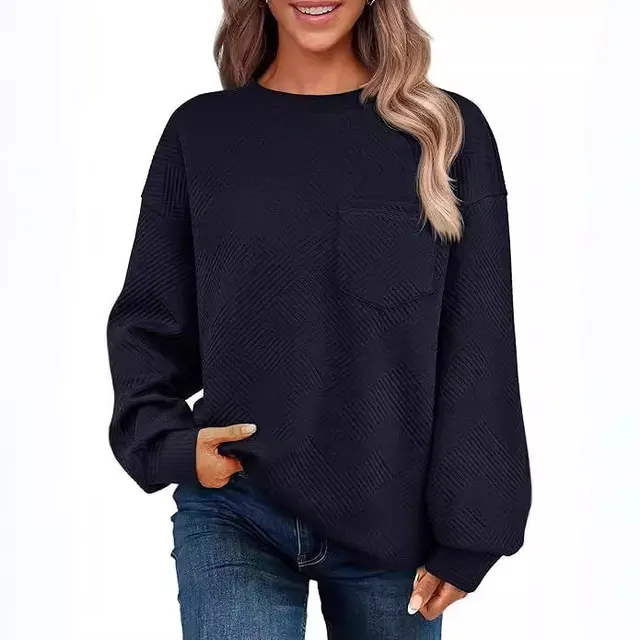 Women's Long sleeved Drop shoulder Round Neck Sweater Texture Navy Blue - Shop at LoveMi