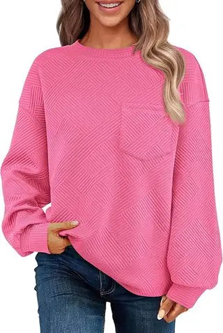 Women's Long-sleeved Drop-shoulder Round Neck Sweater Texture - Rose Red