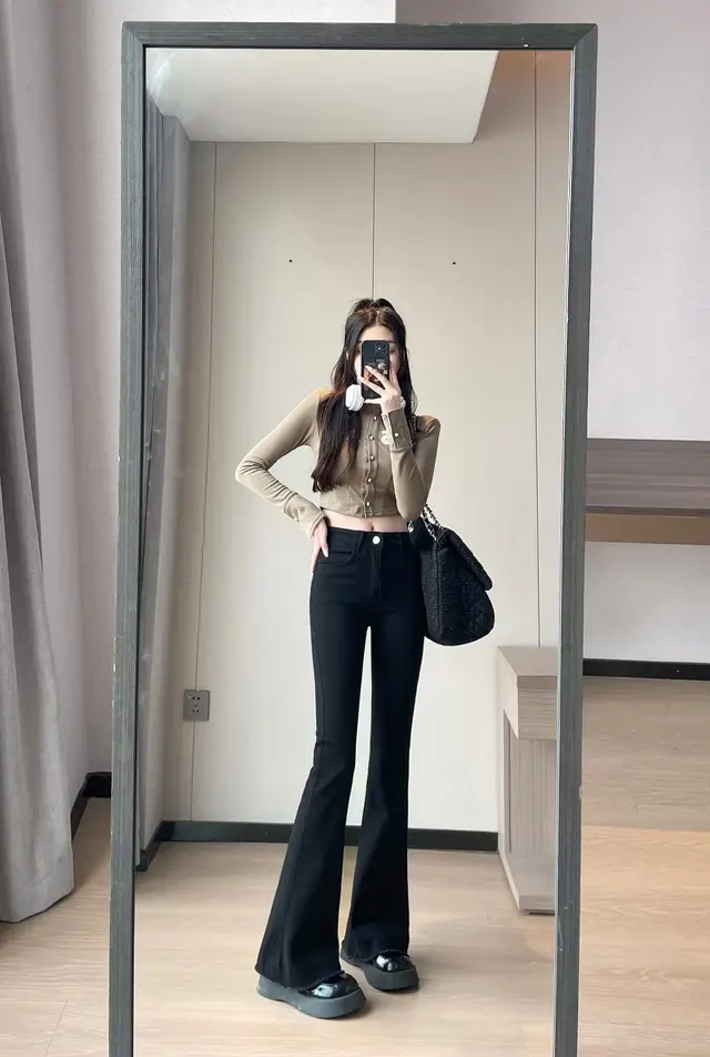 Color Matching Fashionable Elegant Bell bottom Pants Jeans High Waist Slim Fit Slimming Zbh410717 Black - Shop at LoveMi