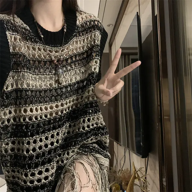 Niche Retro Design Hollow Sleeveless Knitwear Black - Shop at LoveMi