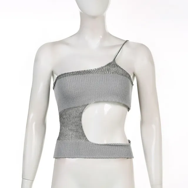 Color Matching One shoulder Slant Sling Side Should Be Hollow Out Woolen Short Top Gray - Shop at LoveMi