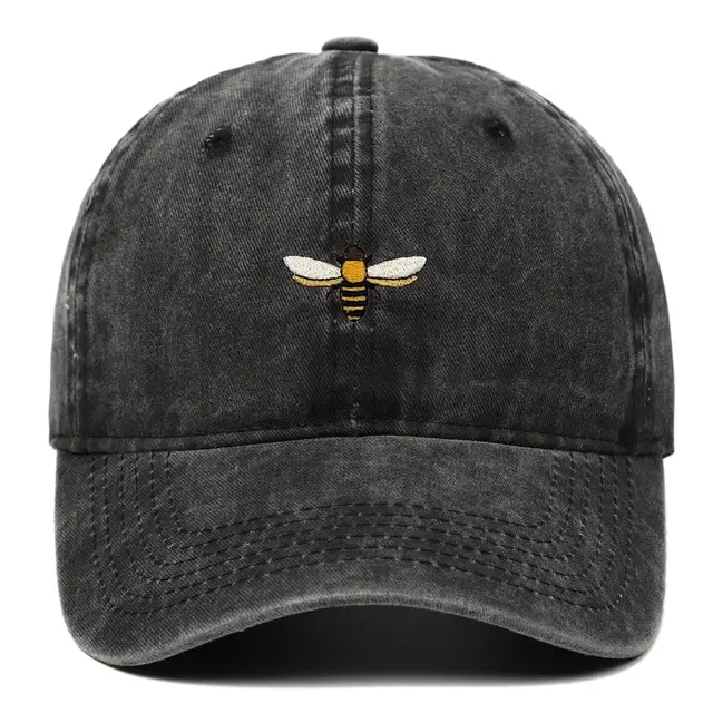 Bee Embroidered Baseball Cap Vintage Distressed Black - Shop at LoveMi