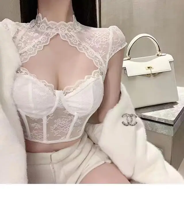 European And American Style Lace Diamond Sexy Cutout Steel Ring Fishbone Slim Fit Crop top Short Top White - Shop at LoveMi
