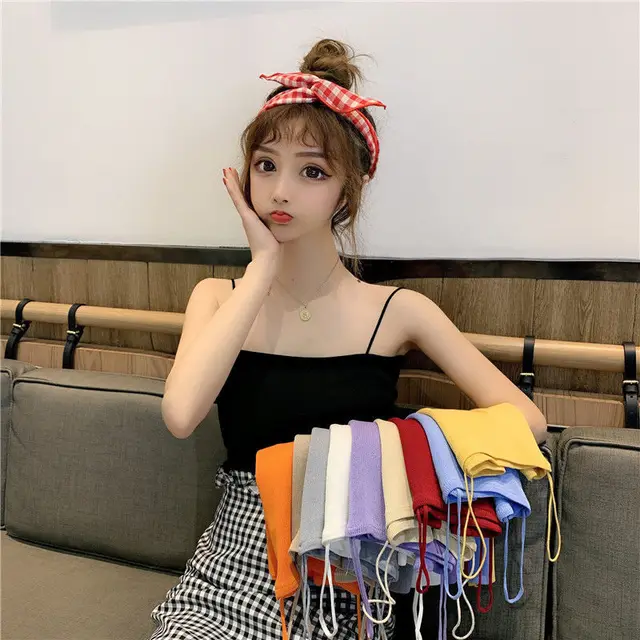 Knitted Spaghetti Straps Outerwear Slimming Inner Vest Black - Shop at LoveMi