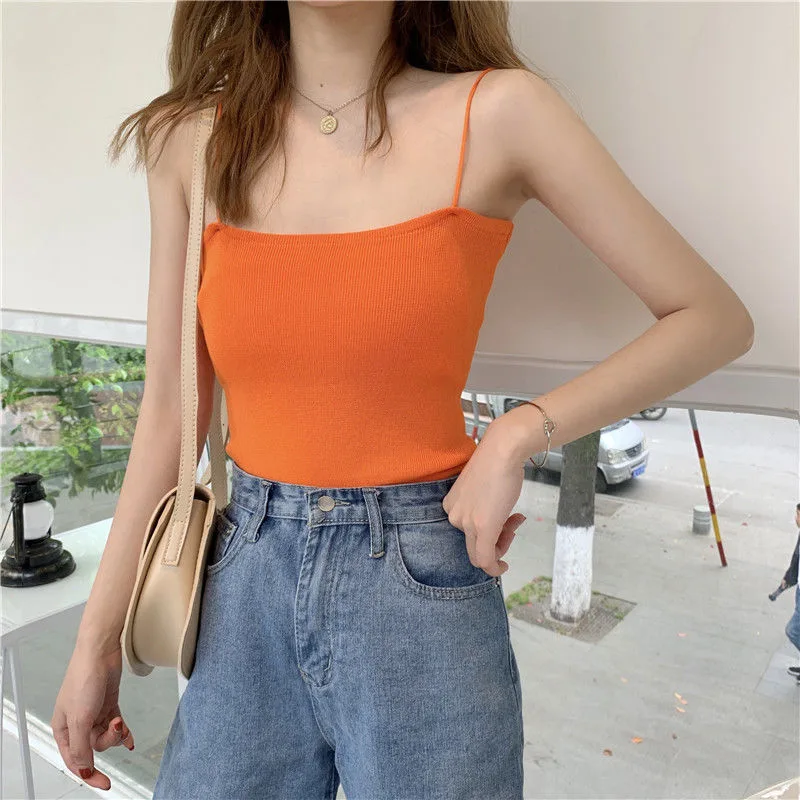 Knitted Spaghetti Straps Outerwear Slimming Inner Vest Orange - Shop at LoveMi