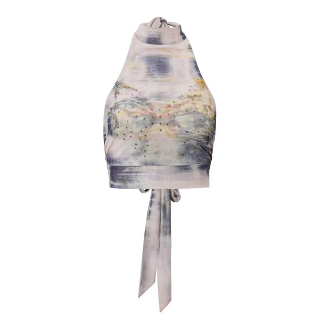 Hollow Retro Printed Turtleneck Halter Strap Cropped Tank Top Color - Shop at LoveMi