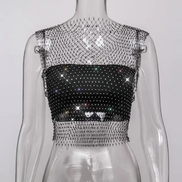 Net Drill Rhinestone Women's Clothing Short Sleeve Vest Black Round Neck - Shop at LoveMi