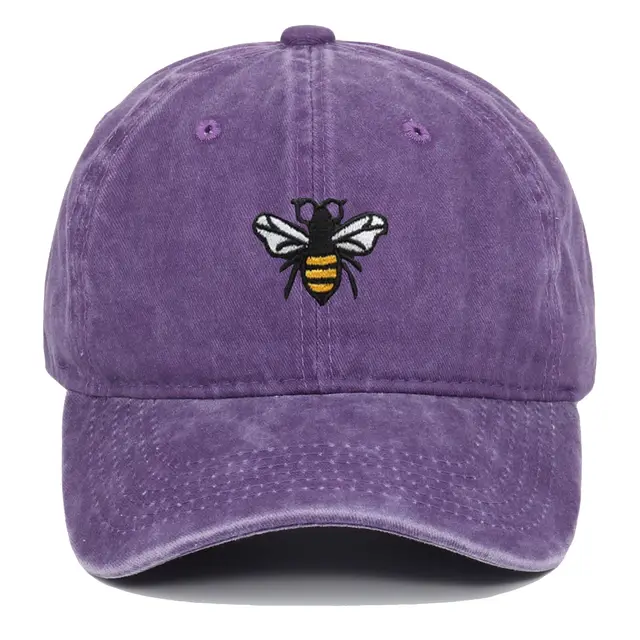 Bee Embroidery Baseball Cap Vintage Worn Looking Washed out Purple - Shop at LoveMi