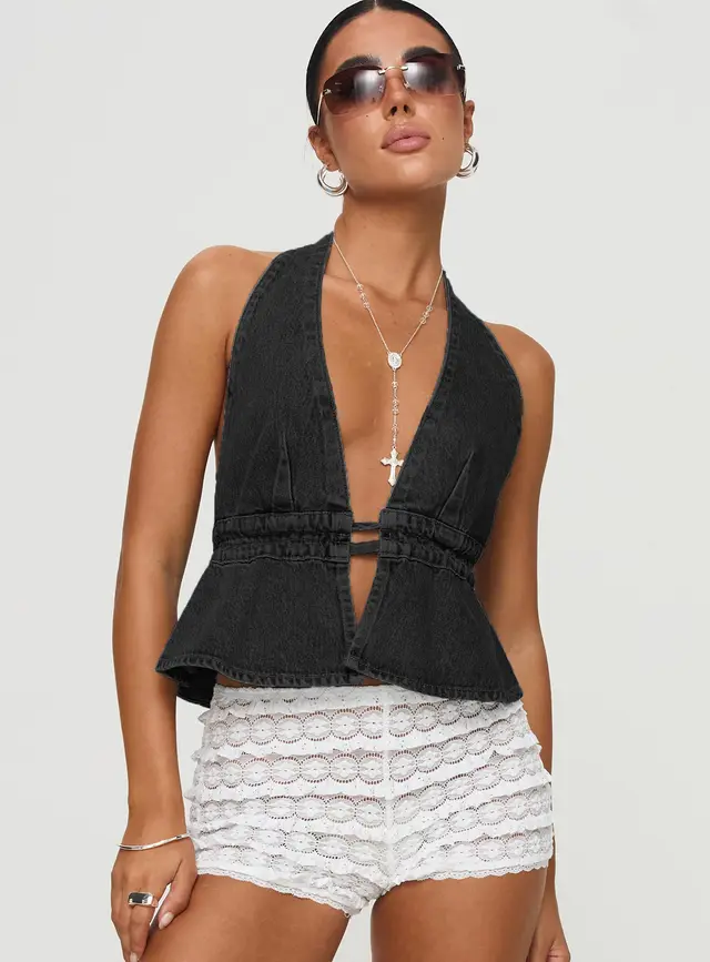 Sexy Washed Denim Exposed Back Halter Lace up Sexy Denim Top Black - Shop at LoveMi