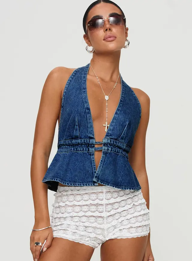 Sexy Washed Denim Exposed Back Halter Lace up Sexy Denim Top Dark Blue - Shop at LoveMi