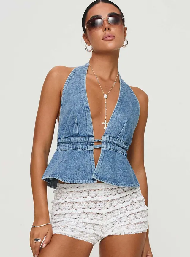 Sexy Washed Denim Exposed Back Halter Lace up Sexy Denim Top Medium Blue - Shop at LoveMi