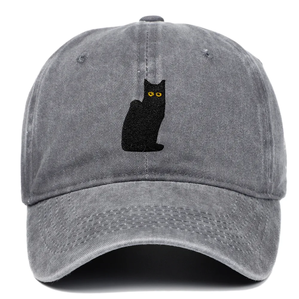 Sitting Black Cat Embroidered Baseball Cap Worn Looking Washed out Gray - Shop at LoveMi