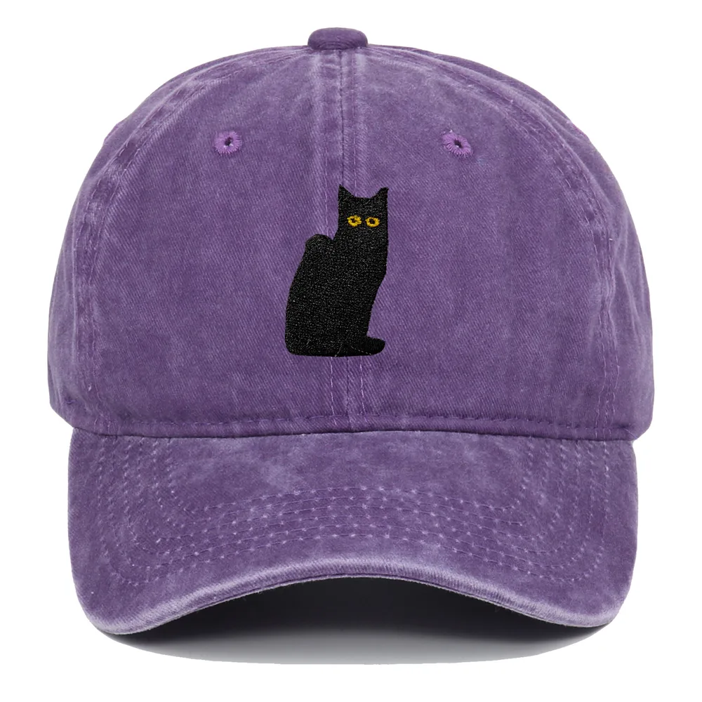 Sitting Black Cat Embroidered Baseball Cap Worn Looking Washed out Purple - Shop at LoveMi