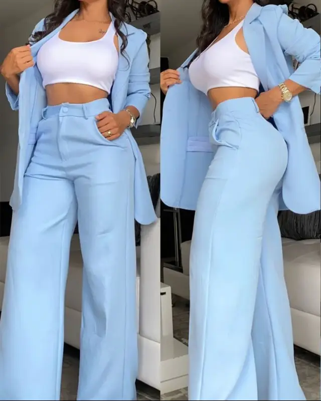 Pure Color Split Sleeve Lapel Suit Straight leg Pants Suit Women Sky Blue - Shop at LoveMi