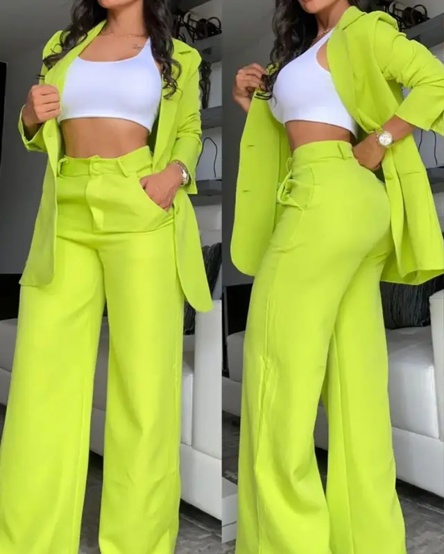 Pure Color Split Sleeve Lapel Suit Straight leg Pants Suit Women Yellow Green - Shop at LoveMi