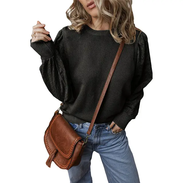 Textured Patchwork Round Neck Long Sleeve Top Black - Shop at LoveMi