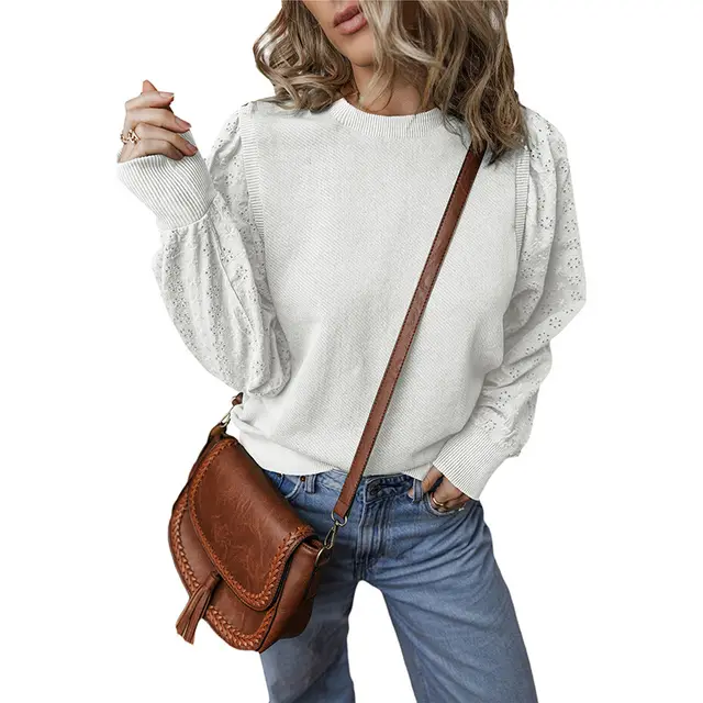 Textured Patchwork Round Neck Long Sleeve Top White - Shop at LoveMi
