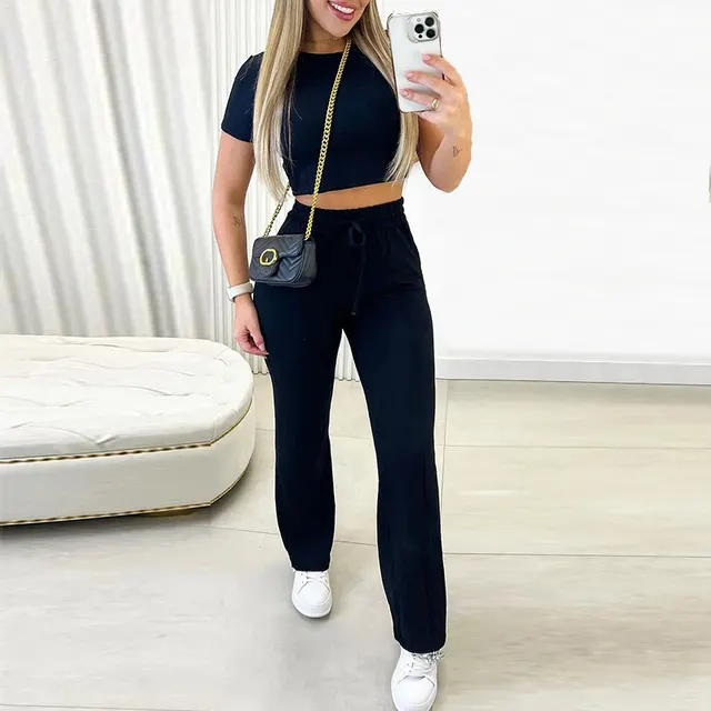 Round Neck Short Sleeve Straight Pants Sports Casual Suit Black - Shop at LoveMi