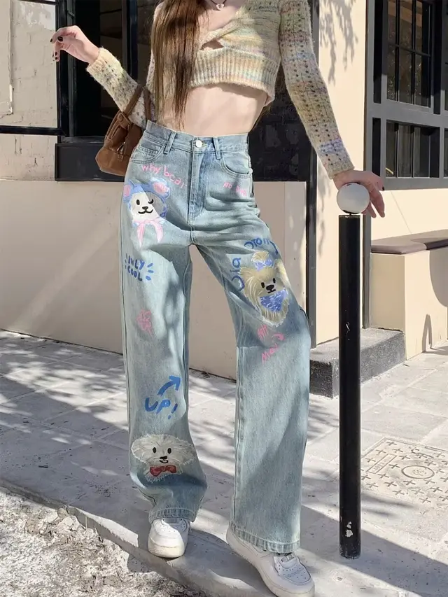 Graffiti Printing Women's High Waist Loose Straight Wide Leg Jeans Light Blue - Shop at LoveMi