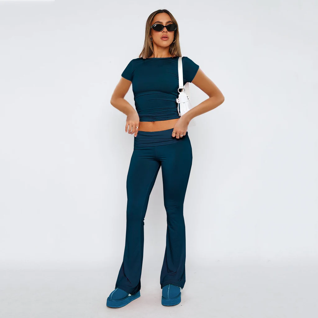 Fashion Slimming Solid Color Blouse And Pants Women - Dark Blue Suit Short Sleeve